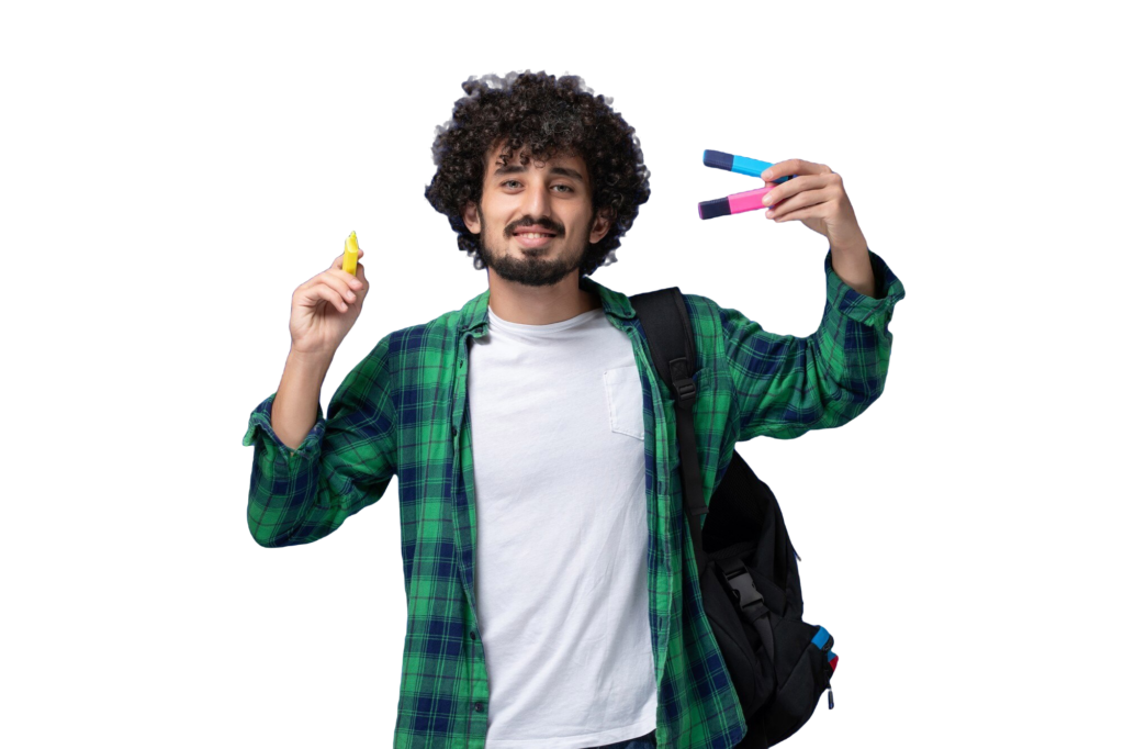 front-view-male-student-green-checkered-shirt-with-black-backpack-holding-felt-pens-blue-wall